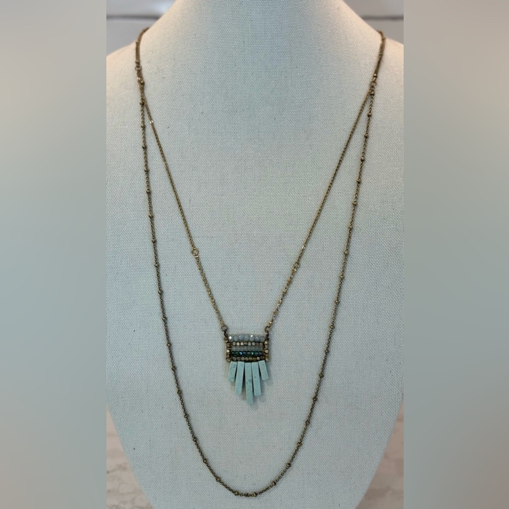 🩵 🌼 Mythologie Layered Boho Aqua Stone Pendant Gold Tone Necklace — Adjustable